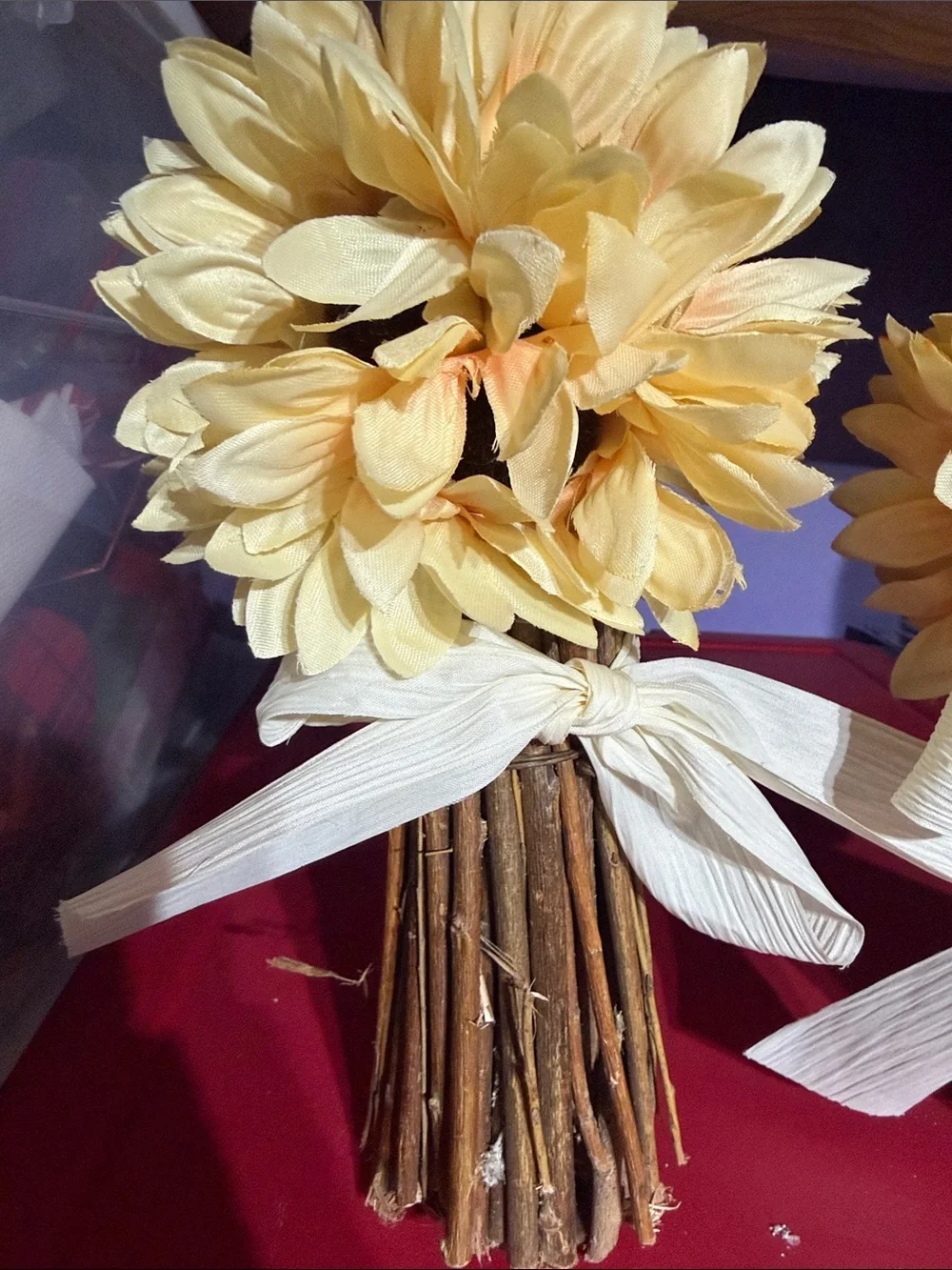 2 Artificial Sunflower Bundle with White Ribbon - Cream Yellow